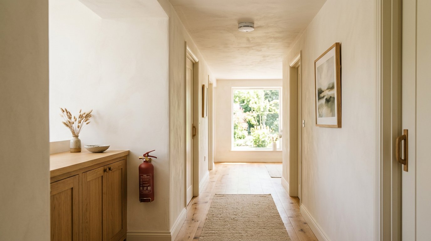 Bright home hallway with thoughtfully placed fire-safety equipment