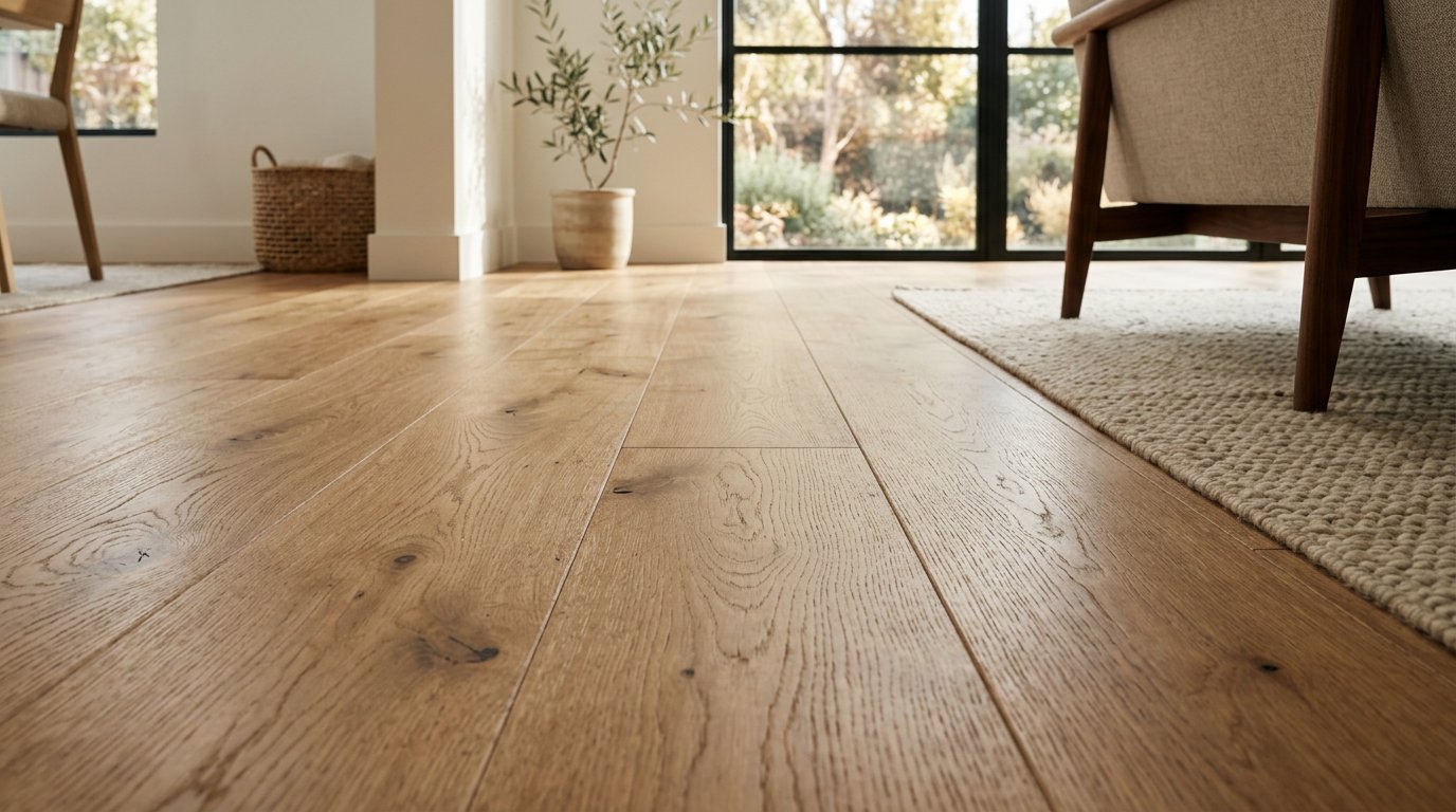 Natural oak flooring flowing through a calm, sunlit living room