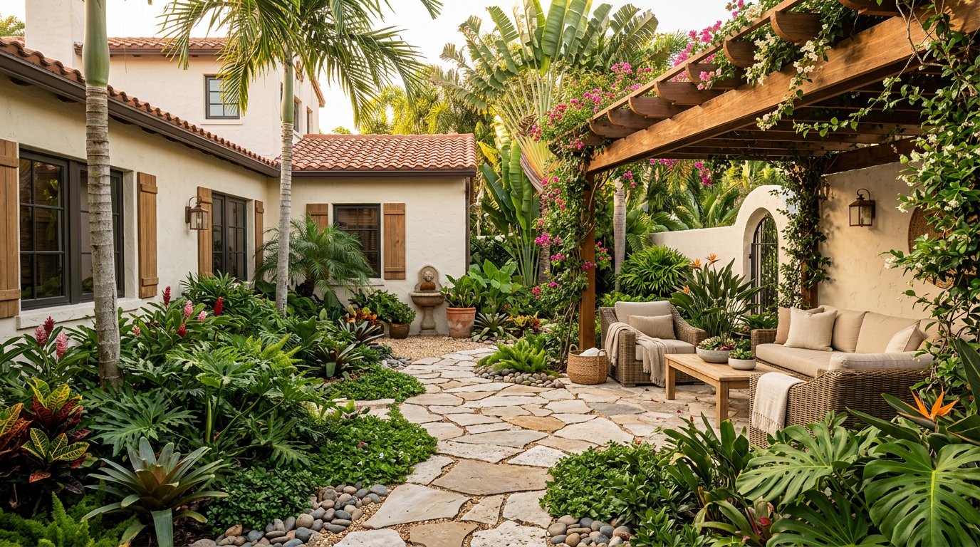 Lush residential garden with a stone path and relaxed outdoor seating