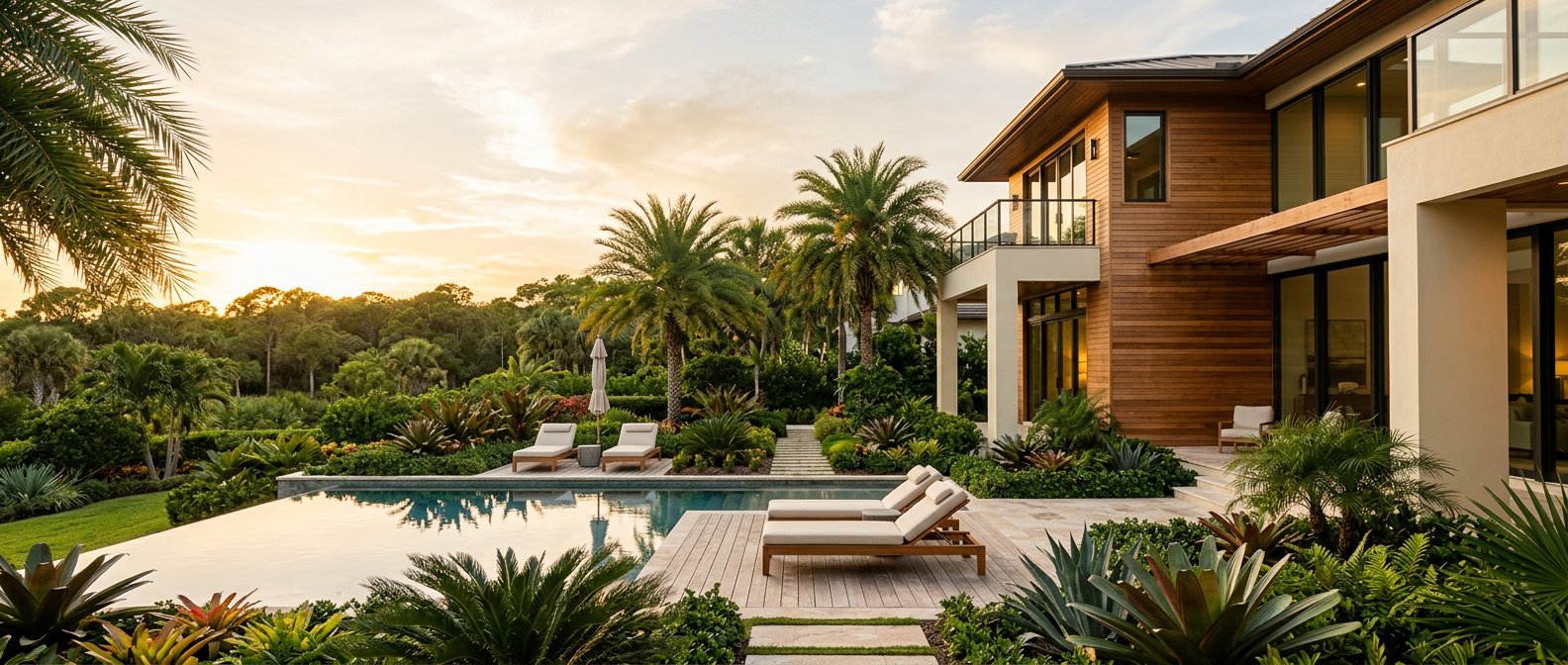 A welcoming modern Florida home framed by tropical greenery