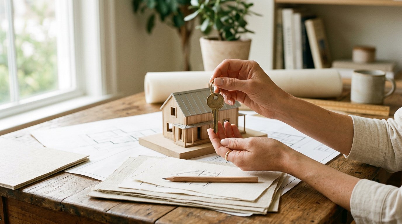 Homeowner reviewing a miniature house model and renovation plans