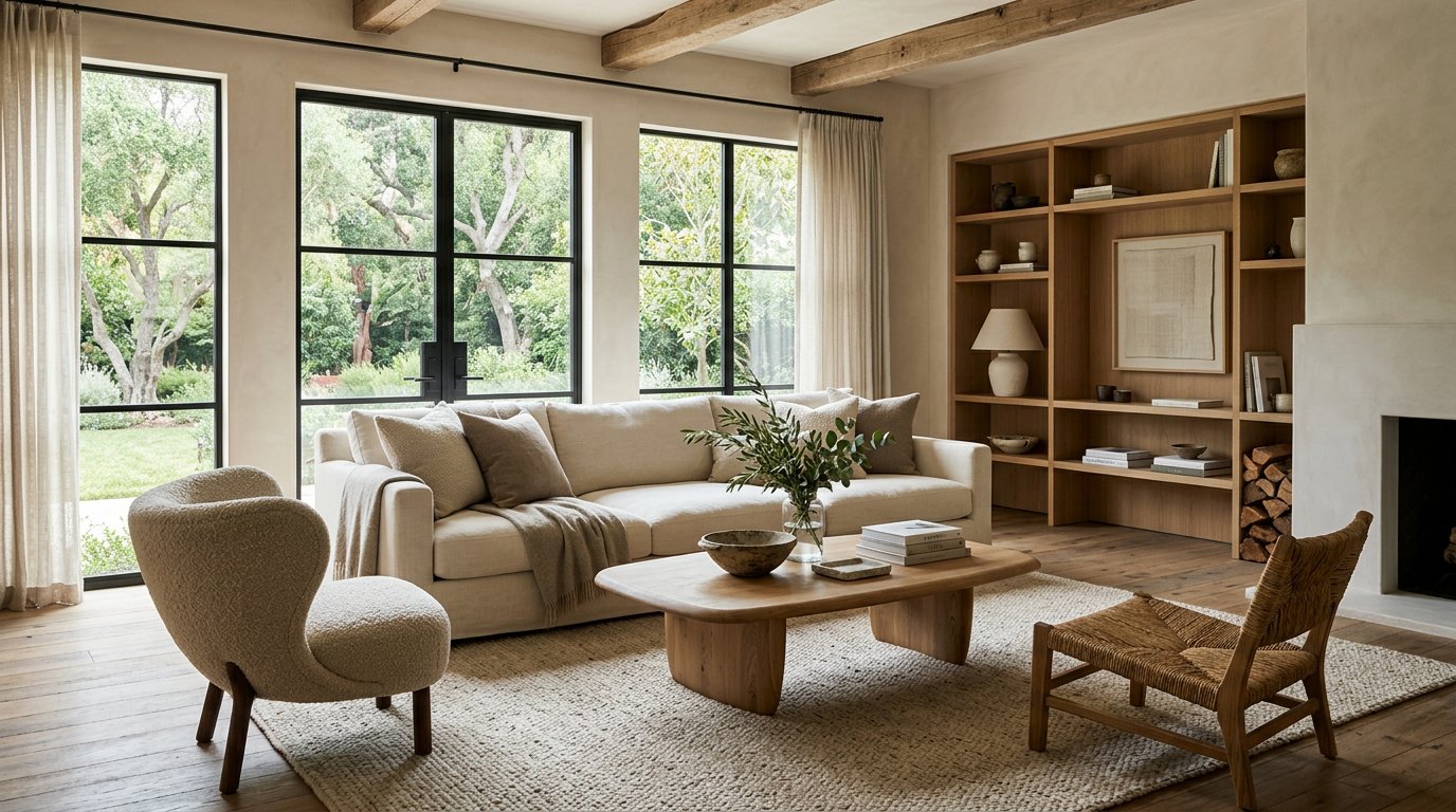 Warm, layered living room with natural textures and soft daylight