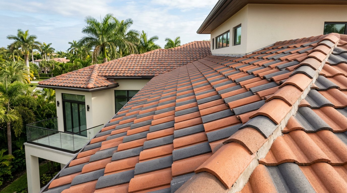 Freshly renewed terracotta roof tiles on a Florida home