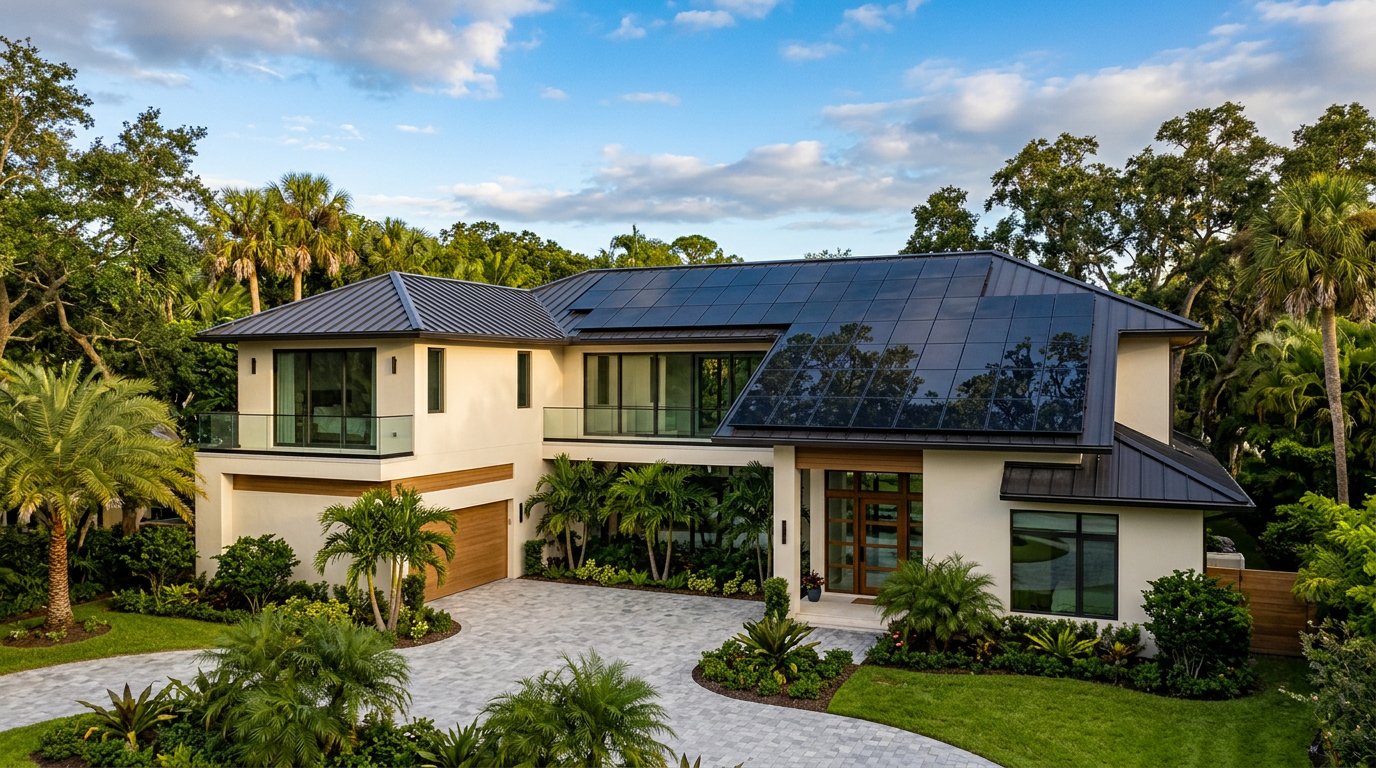 Low-profile solar panels integrated into a modern home roof